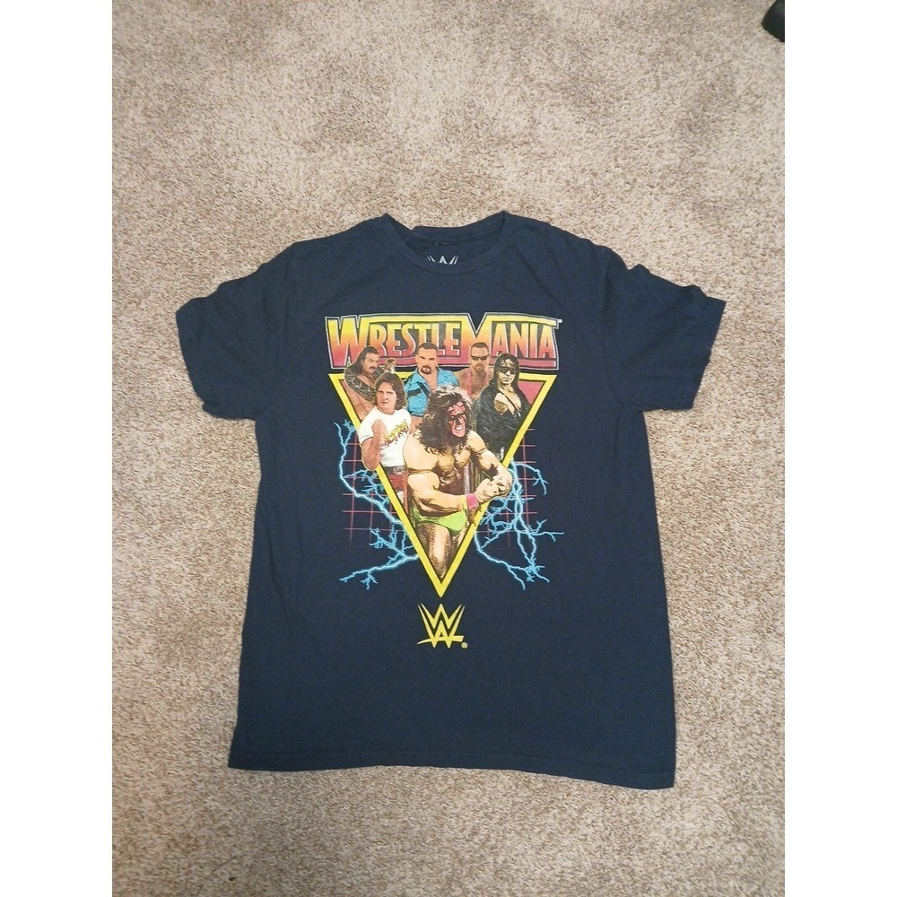 Wrestlemania New Adult T-Shirt - Retro 80s Cast in Electrified Triangle Size M